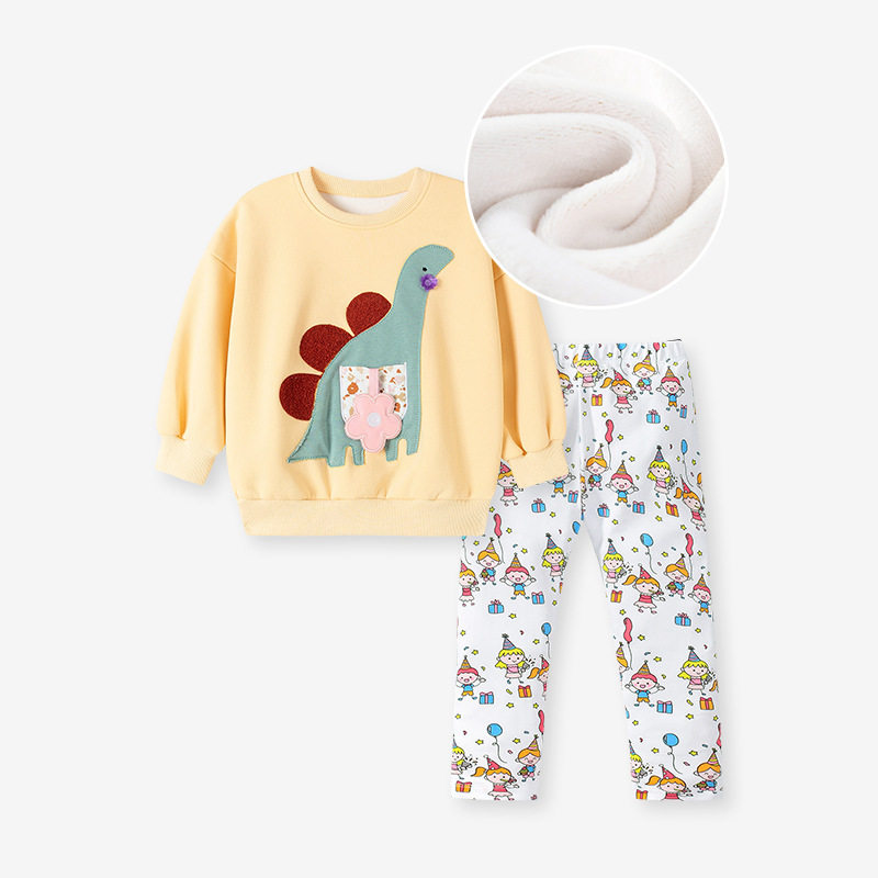 Source Factory Kids' Clothing, Autumn Fleece-lined Girls' Set, [Style] Cartoon Kids' Set