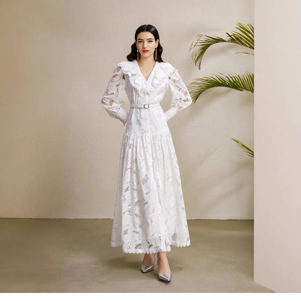 French Style Lantern Sleeve Dress for Women Autumn Sheer Mesh Hollow Out Ruffle Hem Waist Defined Long Gown