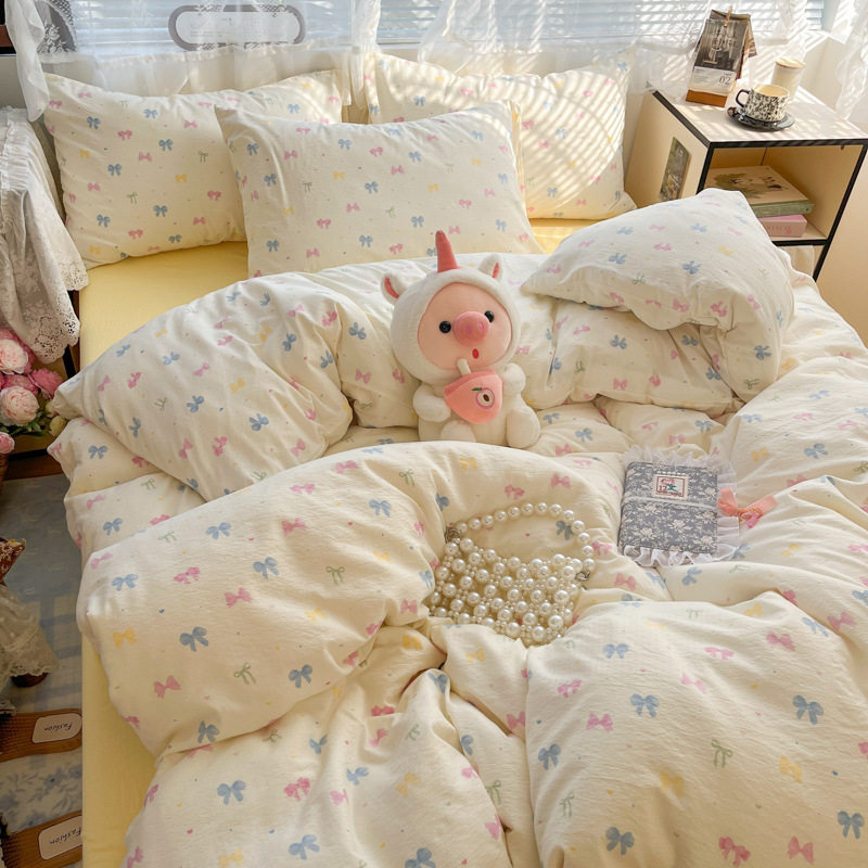 Class a Pure Cotton Maternal and Infant Grade Double-Layer Yarn Four-Piece Set Ins Cotton Naked Sleeping Bed Sheetss Quilt Cover Dormitory Three-Piece Set