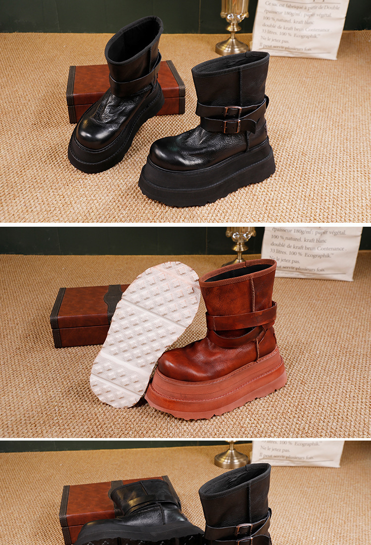 Boot nữ cổ trung da bò thật đế dày tăng chiều cao khóa kéo bên — màu đen, màu nâu