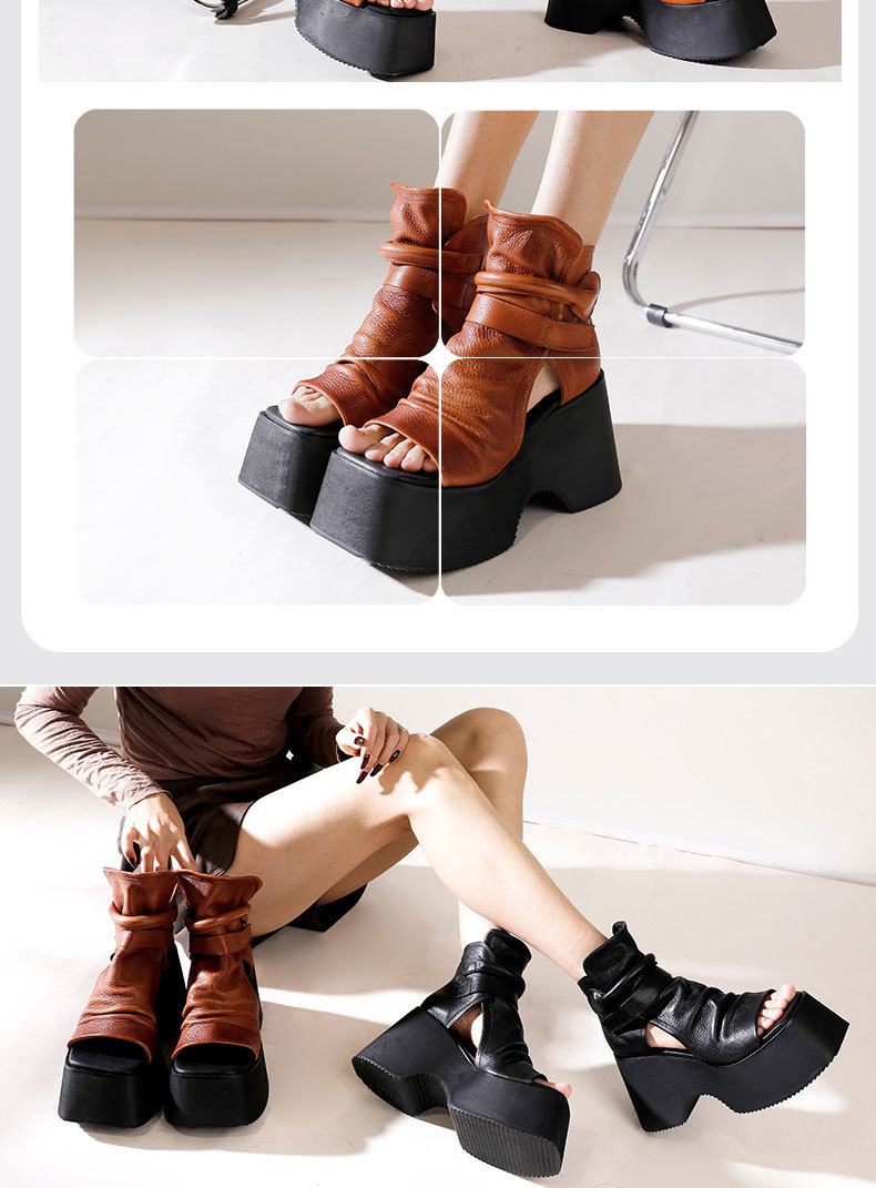 Bốt sandal nữ đế dày mũi hở cá tính phong cách cổ điển — Màu đen, Màu nâu