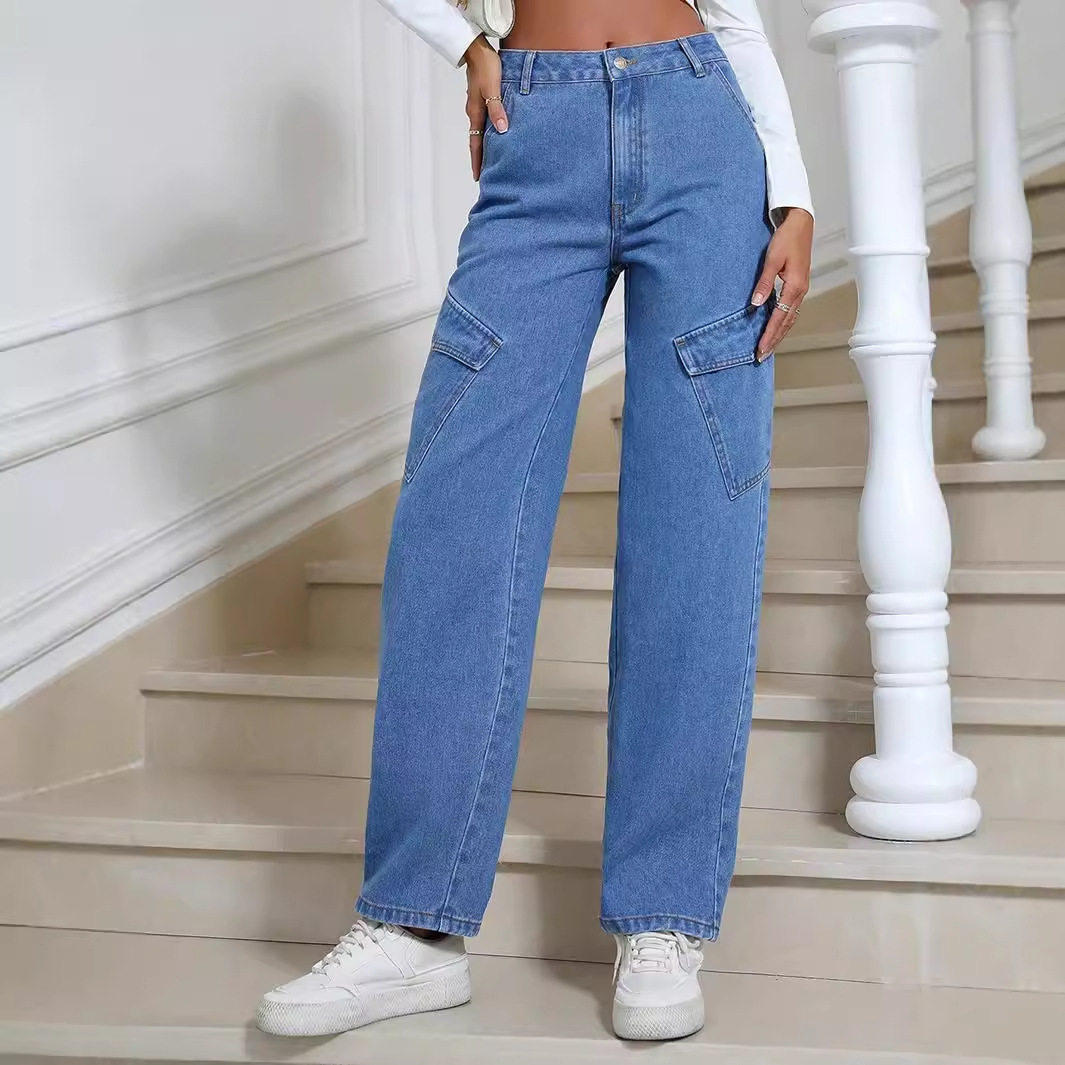 Womens Straight Leg Denim Jeans Trendy Street Style Pocket Design Casual Wear Wholesale Available