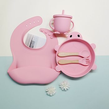 Children's tableware 5 pieces suit baby products silicone bowl fork spoon baby complementary food turtle plate food grade