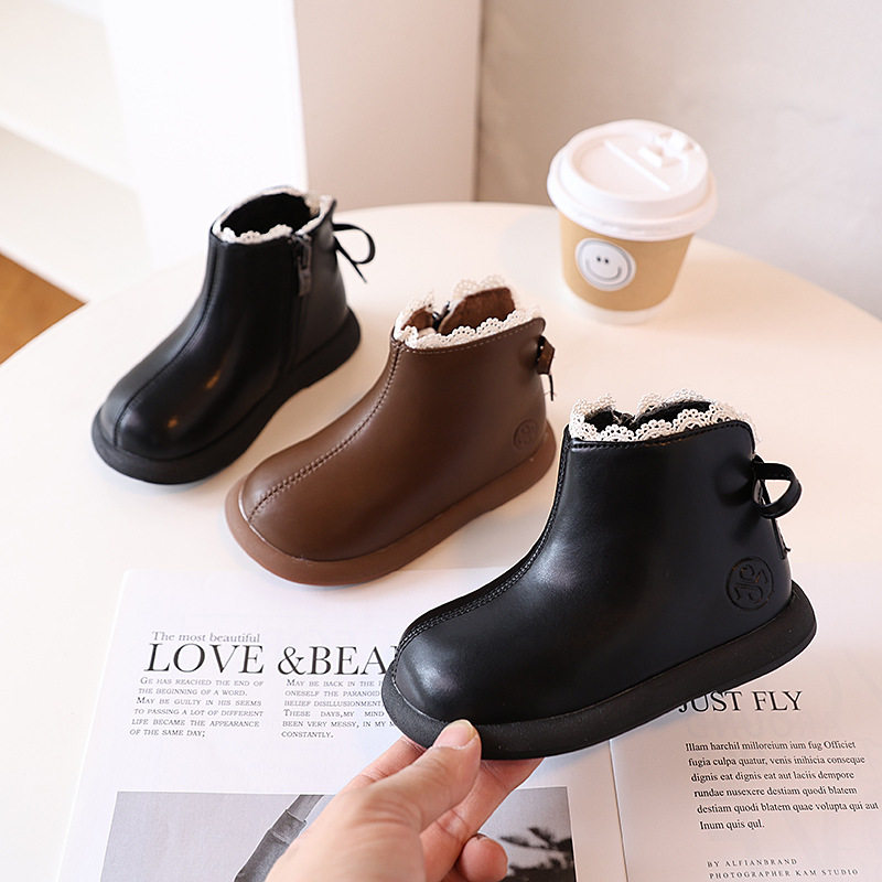 2024 girls' leather boots 2024 autumn and winter new fleece-lined warm cotton boots children's baby short boots children's single boots