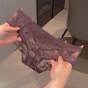 2025 New Style French Lace Sexy Pure Lust Pure Color Satin Cut Out Low Waist Underwear Girls Breathable Cotton Crotch Wholesale