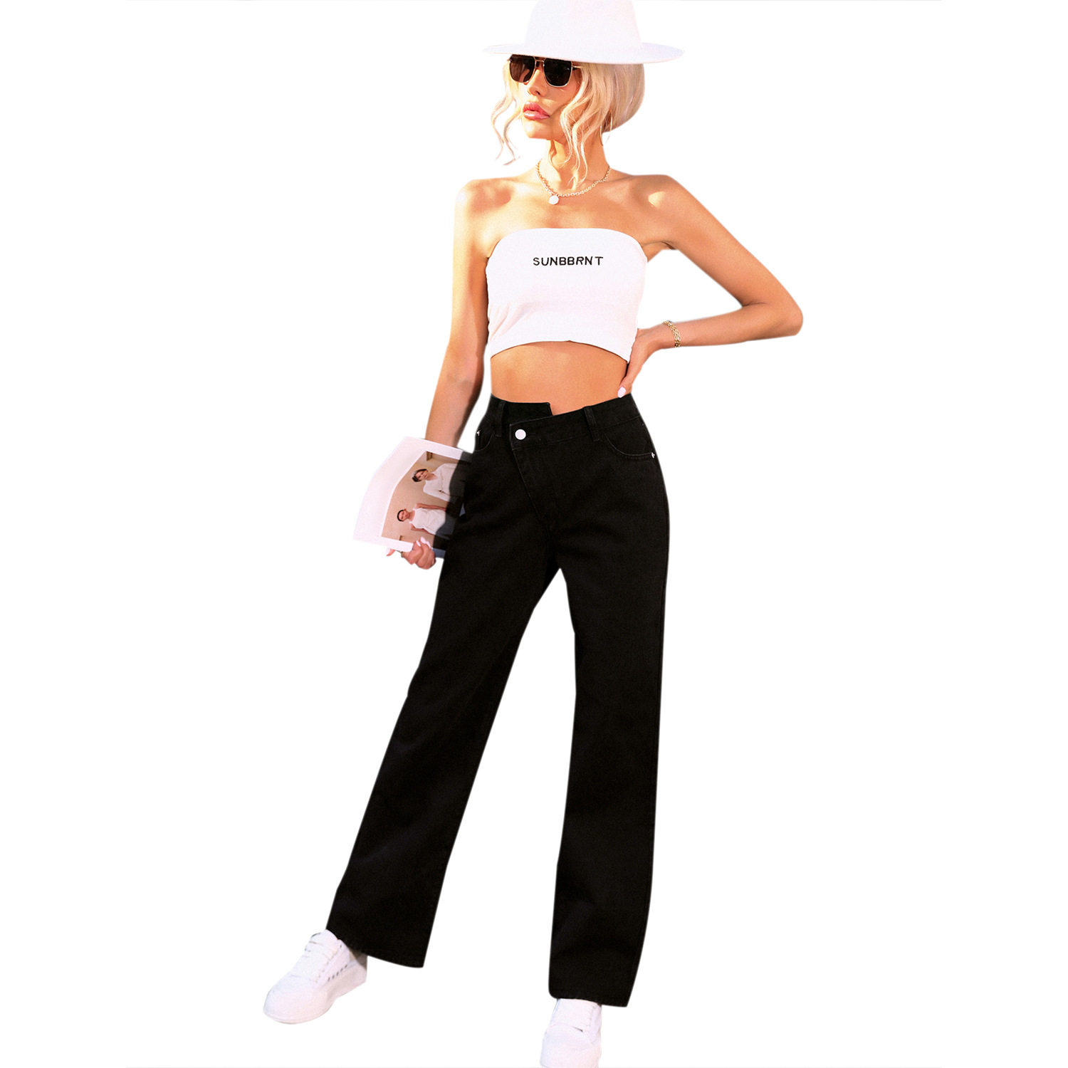 High Waisted Loose Fit Denim Trousers Casual Style Comfortable Fabric Flattering Design Perfect for Everyday Wear