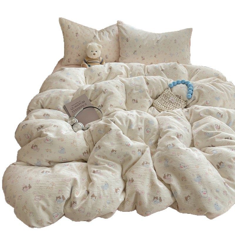 Maternity and Baby Grade a Four-Piece Set of Pure Cotton Double-Layer Yarn Bedding Ins Floral Bed Bed Sheets Quilt Cover Dormitory Three-Piece Set