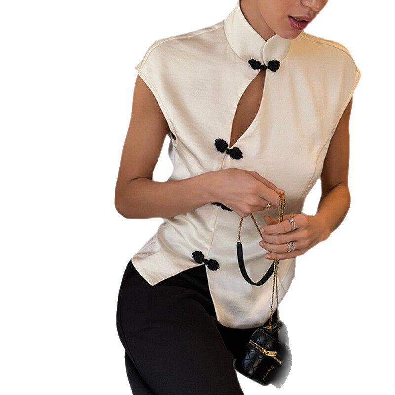Knitted Vest Top Chinese Style Stand Collar Short Sleeve Slim Fit Casual Wear for Women Wholesale Available