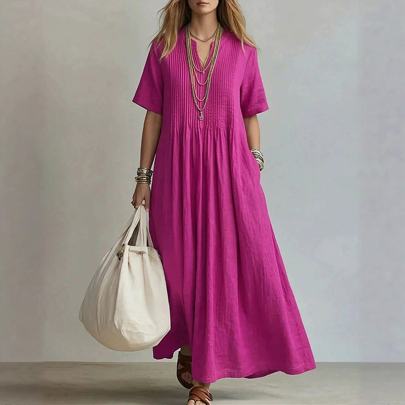Casual Vacation Style Womens Maxi Dress Solid Color V Neck Long Sleeve Summer Collection Wholesale Available