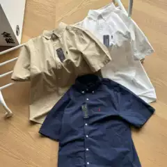 Big Bull RL Ralph Little Horse Logo Embroidered Logo Solid Color Short Sleeve Casual Shirt Couple's Flip Collar Shirt Summer Edition