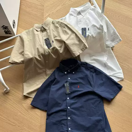 Big Bull RL Ralph Little Horse Logo Embroidered Logo Solid Color Short Sleeve Casual Shirt Couple's Flip Collar Shirt Summer Edition
