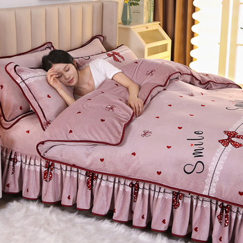 Winter Thickeneded Milk Velvet Quilt Cover Four-Piece Set Flannel Gold Mink Velvet Double-Sided Velvet Quilt Cover Home Bedding