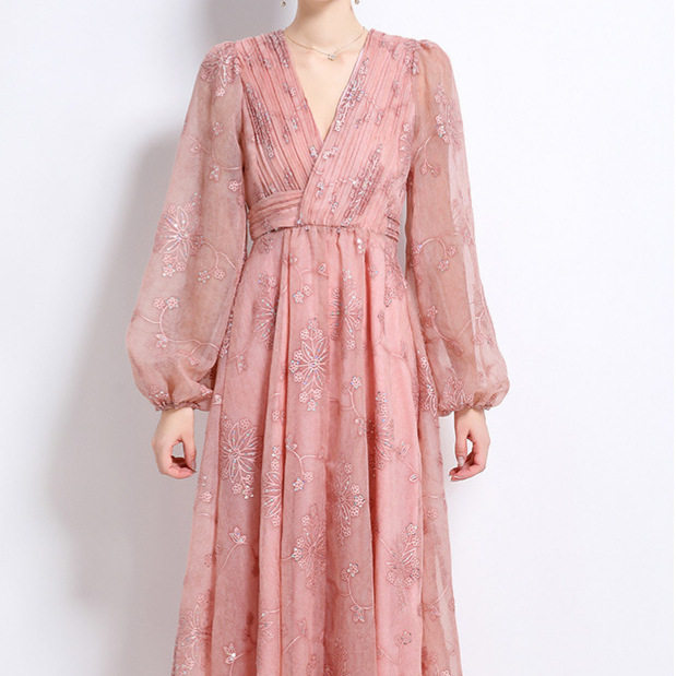 French Style Embroidered Sequin V Neck Lantern Sleeve Waist Defined Maxi Dress for Women Slim Fit Autumn Collection Wholesale