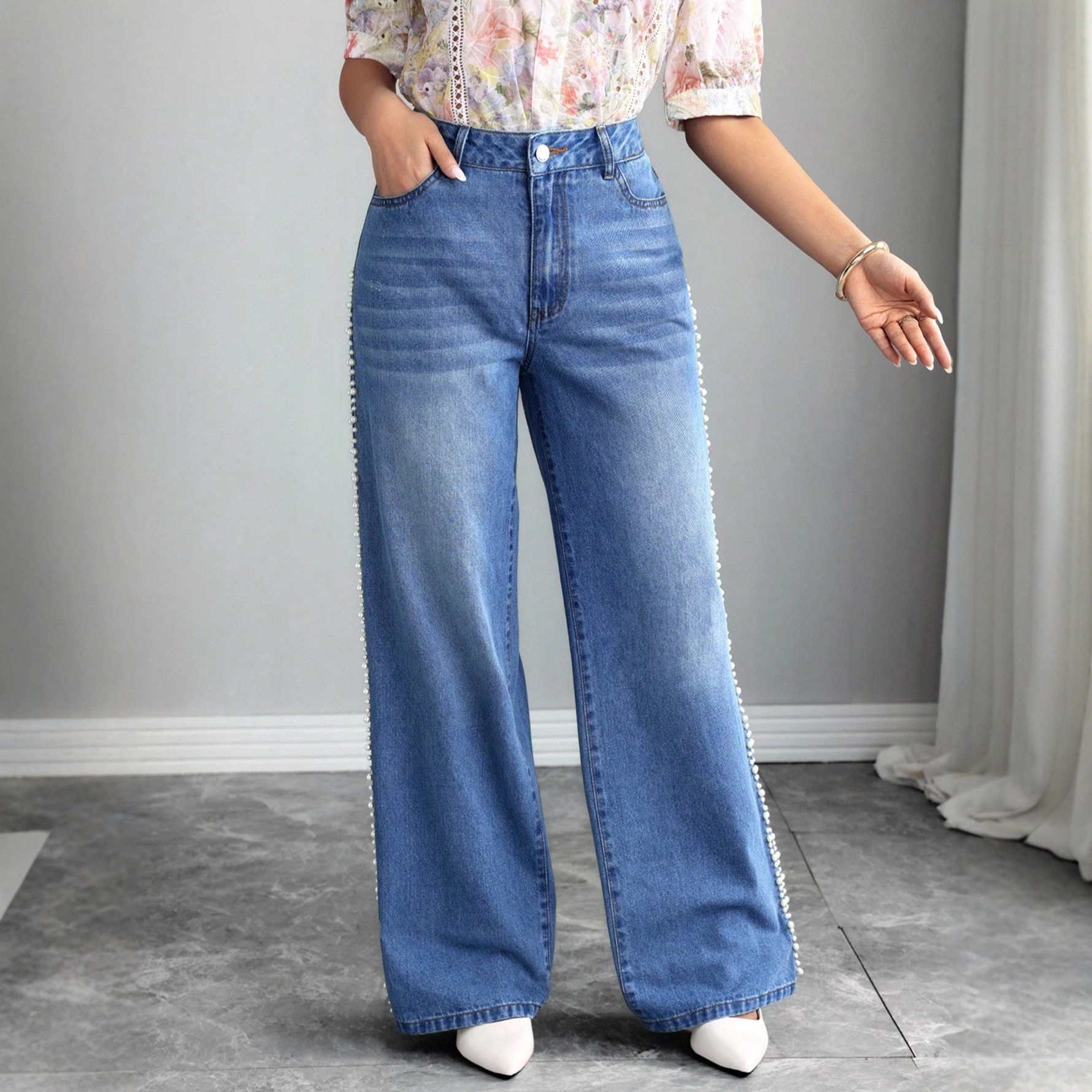 Loose Fit Pearl Lace Wide Leg Jeans Simple Fresh Design Casual Wear for Women Wholesale Available