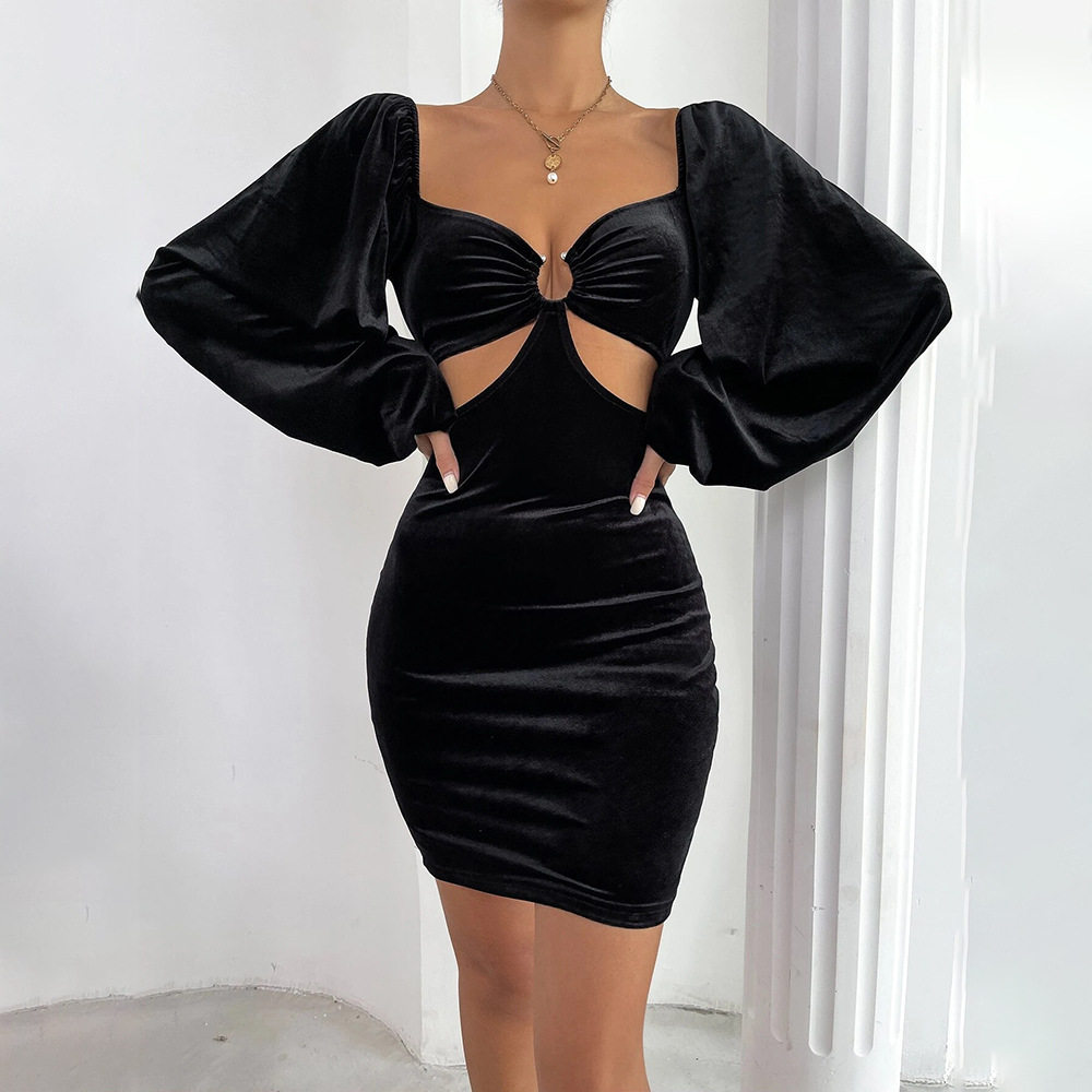 Velvet Bodycon Dress Sexy Hollow Out Design Slim Fit Puff Sleeves Elegant Style Perfect for Parties and Events