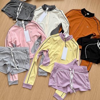 aIo American Fitness Yoga Training Suit suit Slim-fit Slim-fit Color-block Long-sleeve Top Shorts Two-piece Set