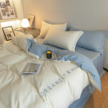 New washing and sanding four-piece set solid color washing cotton quilt cover sheet bed hat four-season bedding kit wholesale