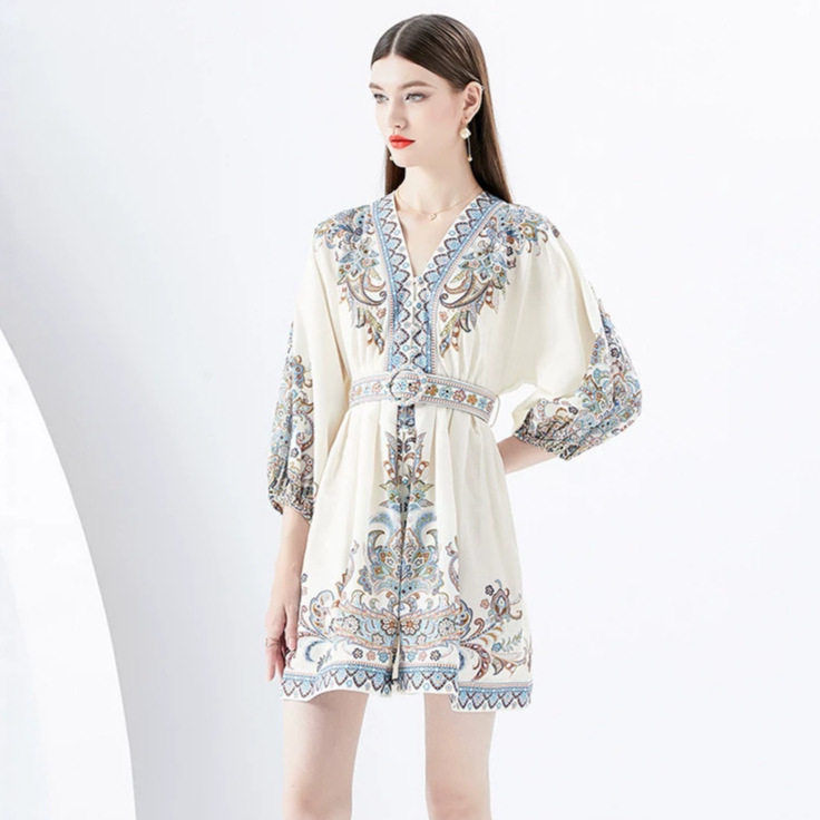 French Style Floral Dress V Neck Puff Sleeves Waist Cinching Design Elegant Occasion Wear for Women Wholesale