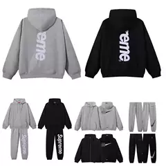 25Ss Cross-Border Sup Collaboration Hook Zipper Jacket New Style Fleece-Lined Large Logo Patch Embroidery Casual Hooded Sweatshirt
