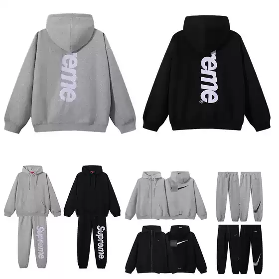 25Ss Cross-Border Sup Collaboration Hook Zipper Jacket New Style Fleece-Lined Large Logo Patch Embroidery Casual Hooded Sweatshirt