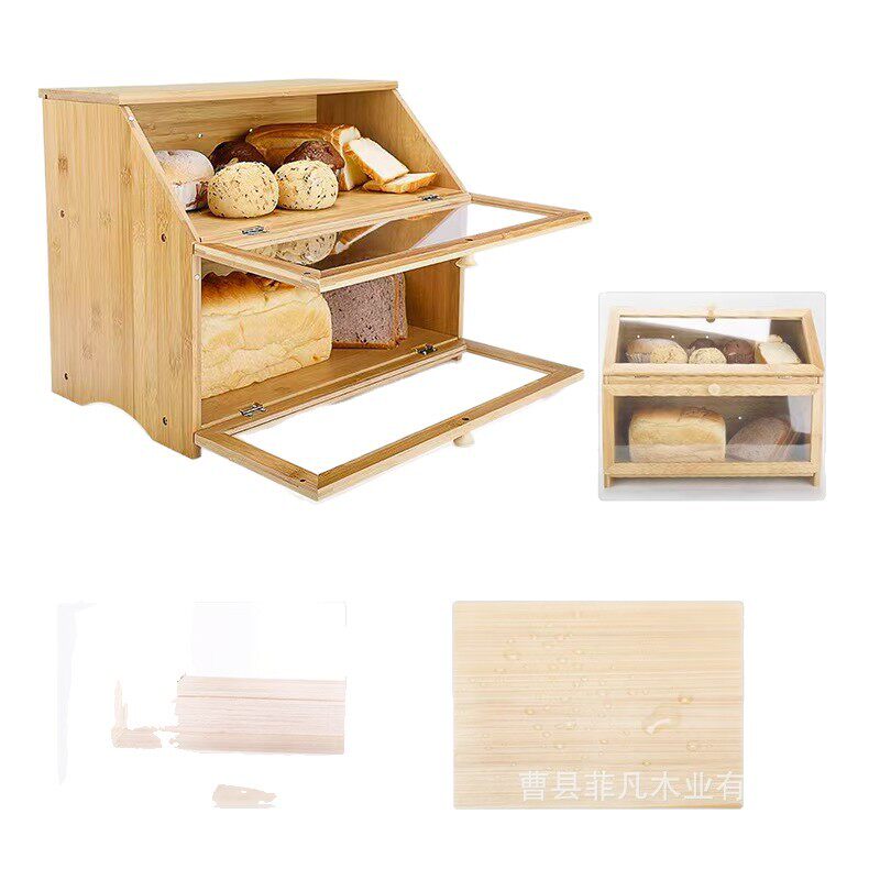 Bamboo bread box acrylic transparent double layer large capacity bread storage box wholesale kitchen dustproof sealed box