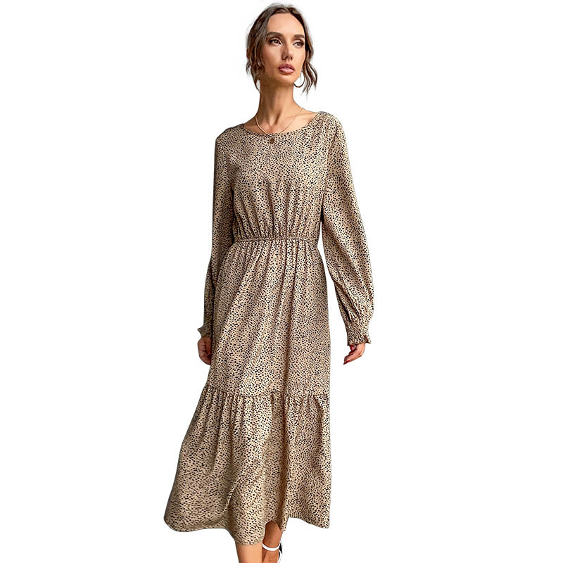 Leopard Print Long Sleeve Maxi Dress Round Neck Fashionable Autumn Winter Wholesale Available