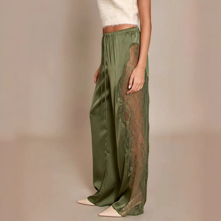 Womens Satin Lace Loose Fitting Floor Length Pants Solid Color Fashionable Elegant Design Perfect for Parties and