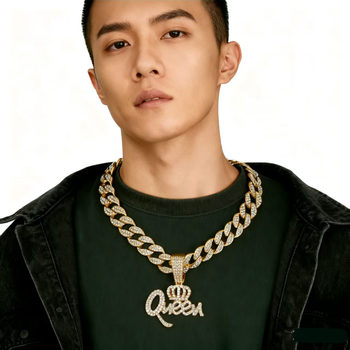 European and American Hot Hip Hop Zinc Alloy Crown QUEEN Letter Full Diamond Pendant Temperament Personality Necklace Jewelry Wholesale