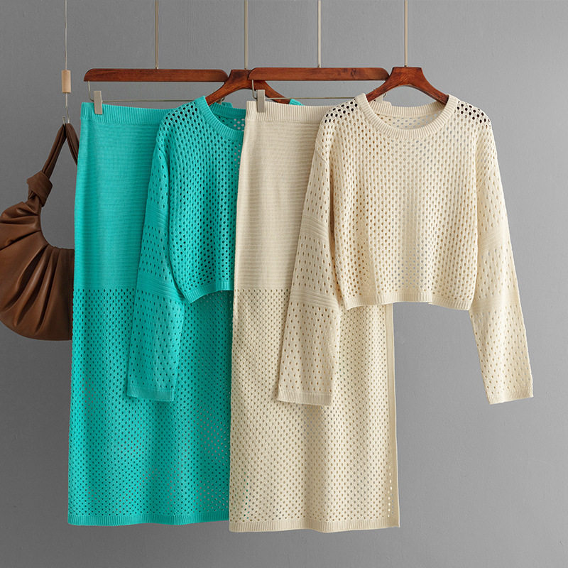 欧美跨境女装2024新款夏季镂空针织衫长款半身裙时尚两件套裙装