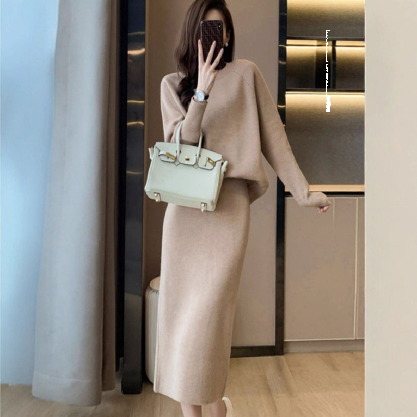 2025 Tweed Style Winter Bat Sleeve Pullover Knitwear Women's Knitwear Two-Piece Skirt Slim Slit over the Knee