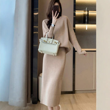 2025 Tweed Style Winter Bat Sleeve Pullover Knitwear Women's Knitwear Two-Piece Skirt Slim Slit over the Knee