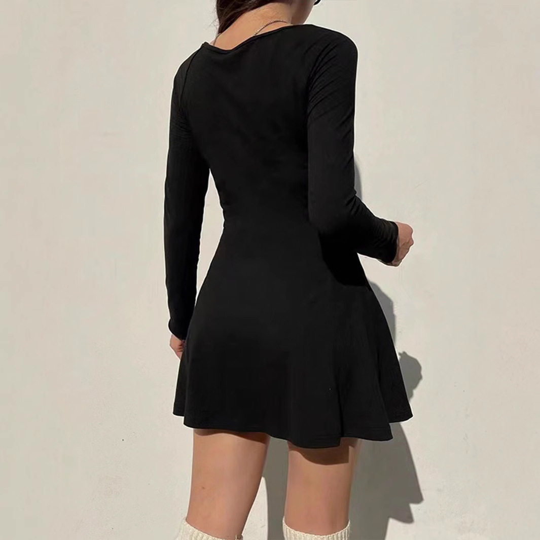 Elegant Black Square Neck Long Sleeve Dress Versatile Casual Style for Spring Summer Wholesale Available