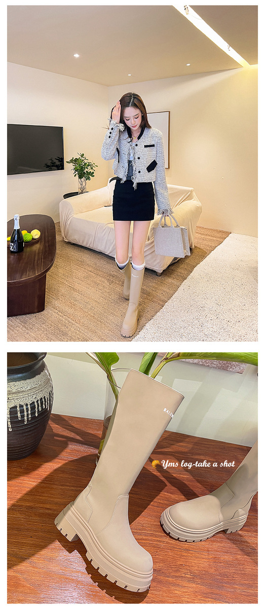 Boot nữ cổ cao ôm bắp chân da bò gót thô 6cm — Kaki nhạt lót nhung, Kaki nhạt lót nhung ống lớn, Kaki nhạt một lớp lót trong, Màu đen lót một lớp