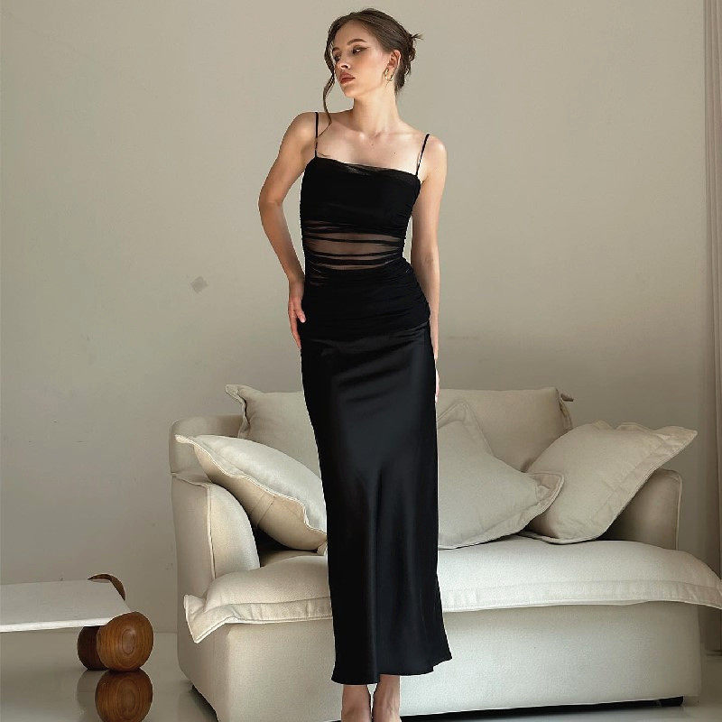 Elegant Long Split Dress French Style Mesh Splicing Slim Fit Sleeveless Perfect for Evening Events Wholesale