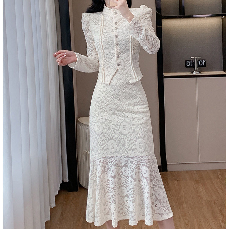 French Style Elegant Lace Top with Stand Collar and Puff Sleeves High Waist Mermaid Skirt Set Chic Two Piece Outfit for