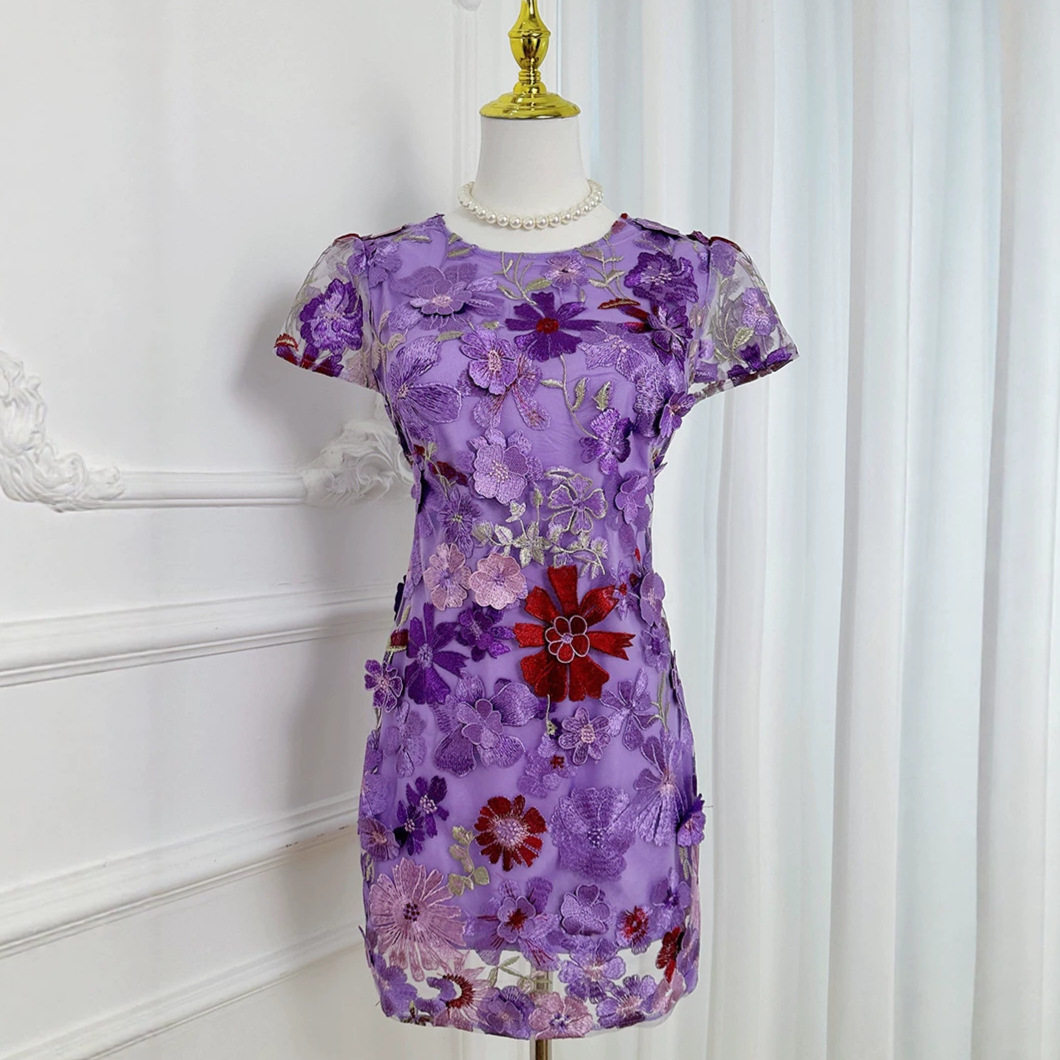 Short Embroidered Bodycon Dress Colorful 3D Floral Design French Court Style Summer Collection OEM Available
