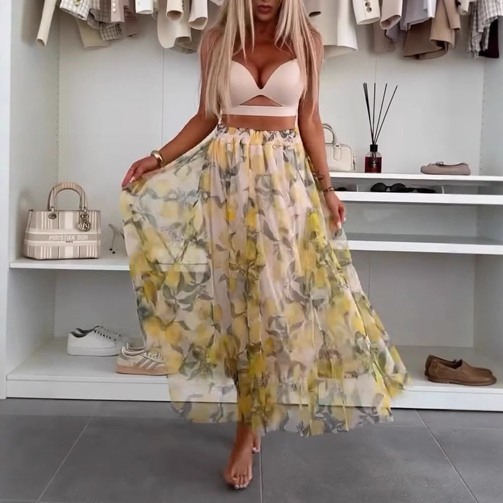 Fashionable High Waisted A Line Mesh Lemon Print Midi Skirt Casual Style for Summer Wholesale Available