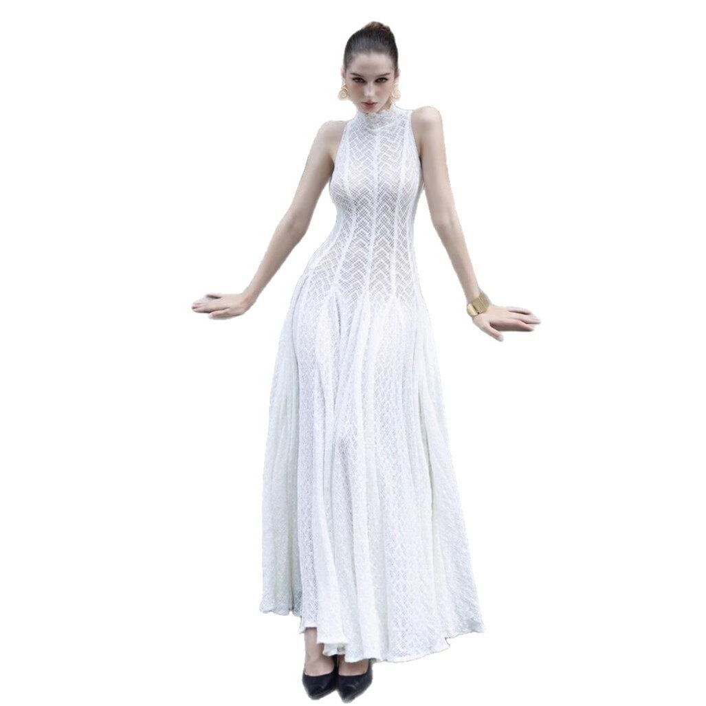 Đầm maxi nữ thắt eo cổ tròn không tay ren rỗng phong cách Pháp — Trắng (bộ 2 chiếc), Đen (bộ 2 chiếc)