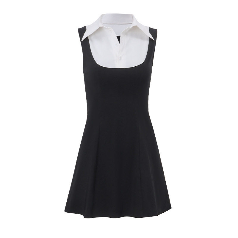 Womens Color Block Sleeveless Dress Sweet Style Collared Design Slim Fit Perfect for Autumn and Winter OEM