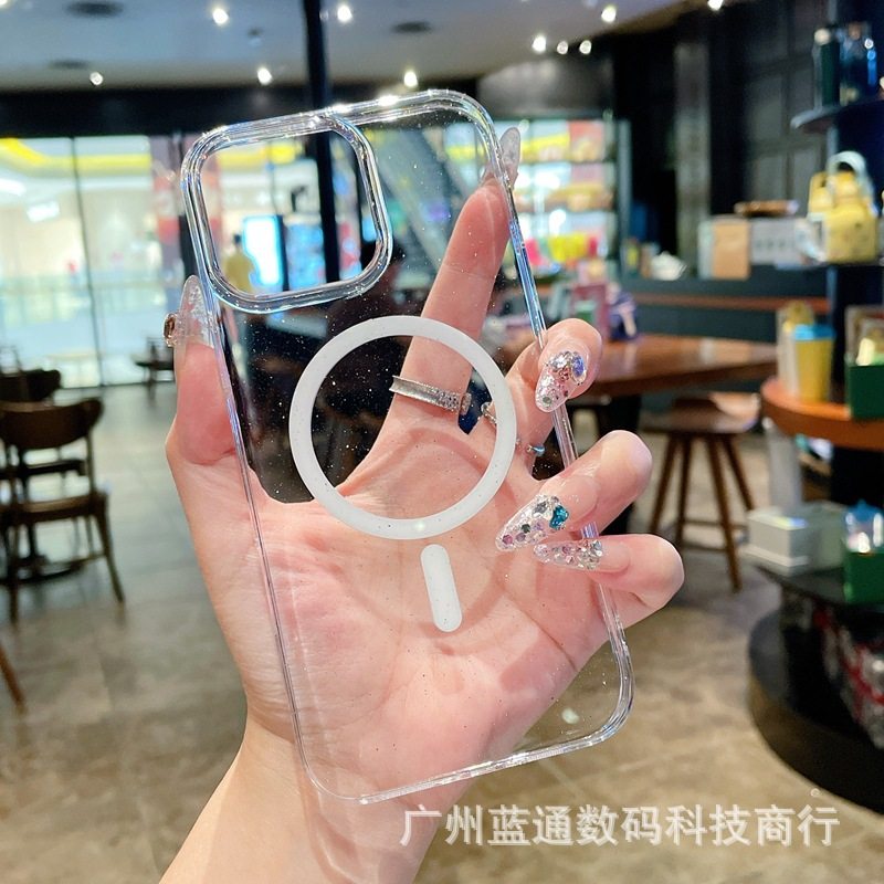 Transparent Glitter Magnetic Suction Suitable for Iphone16Promax Mobile Phone Case Apple 17 Non-Yellowing Pc15 Protective Cover 13