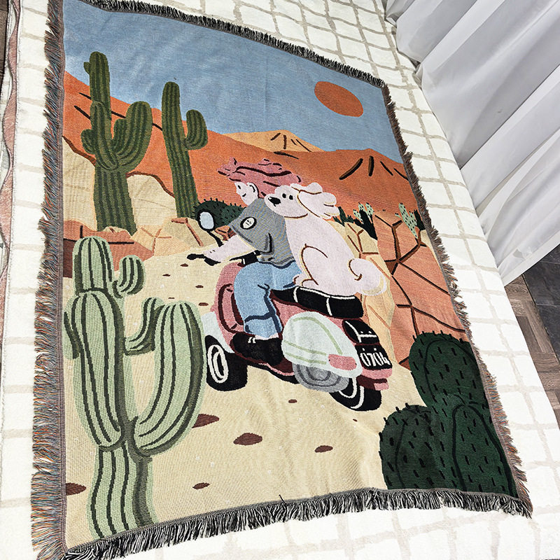 Cartoon Dog Riding Motorcycle Figure Blanket Single Sofa Blanket Field Camping Blanket Cotton Blanket