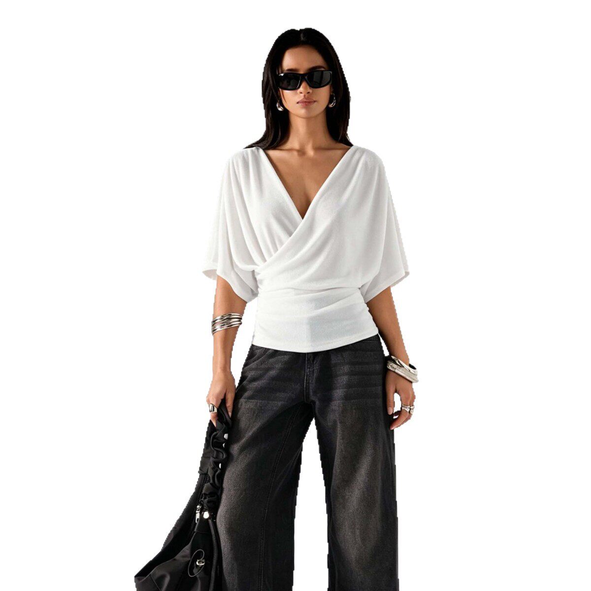 French Style Batwing Sleeve Top V Neck Ruched Waist Slim Fit Elegant Casual Wear for Office Wholesale Available