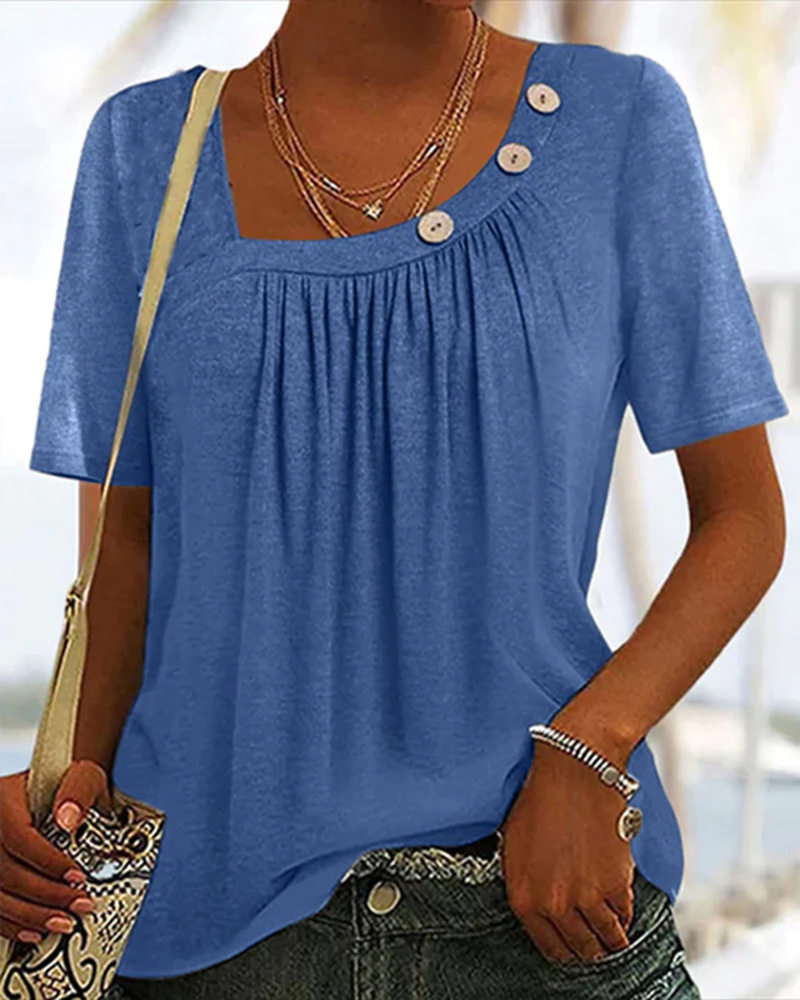 Womens Short Sleeve T Shirt Solid Color Button Detail Round Neck Summer Fashion Wholesale Available