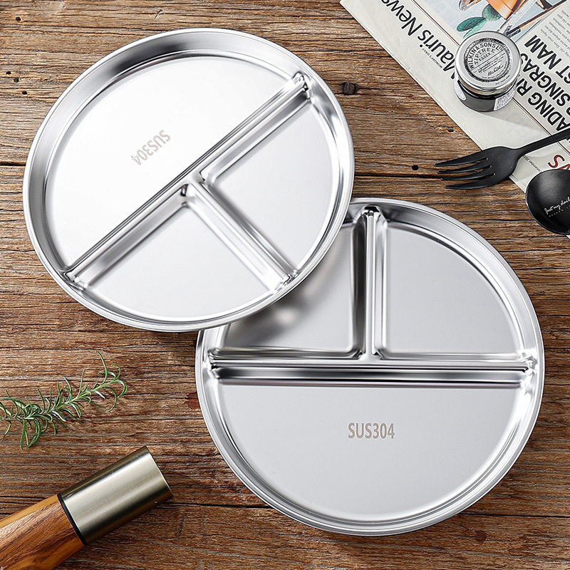 211 Fat-Reducing Meal Plate with Compartments 316 Stainless Steel Fitness One-Person Meal Quantitative Three-Compartment Meal Plate Daily Kitchen Wholesale