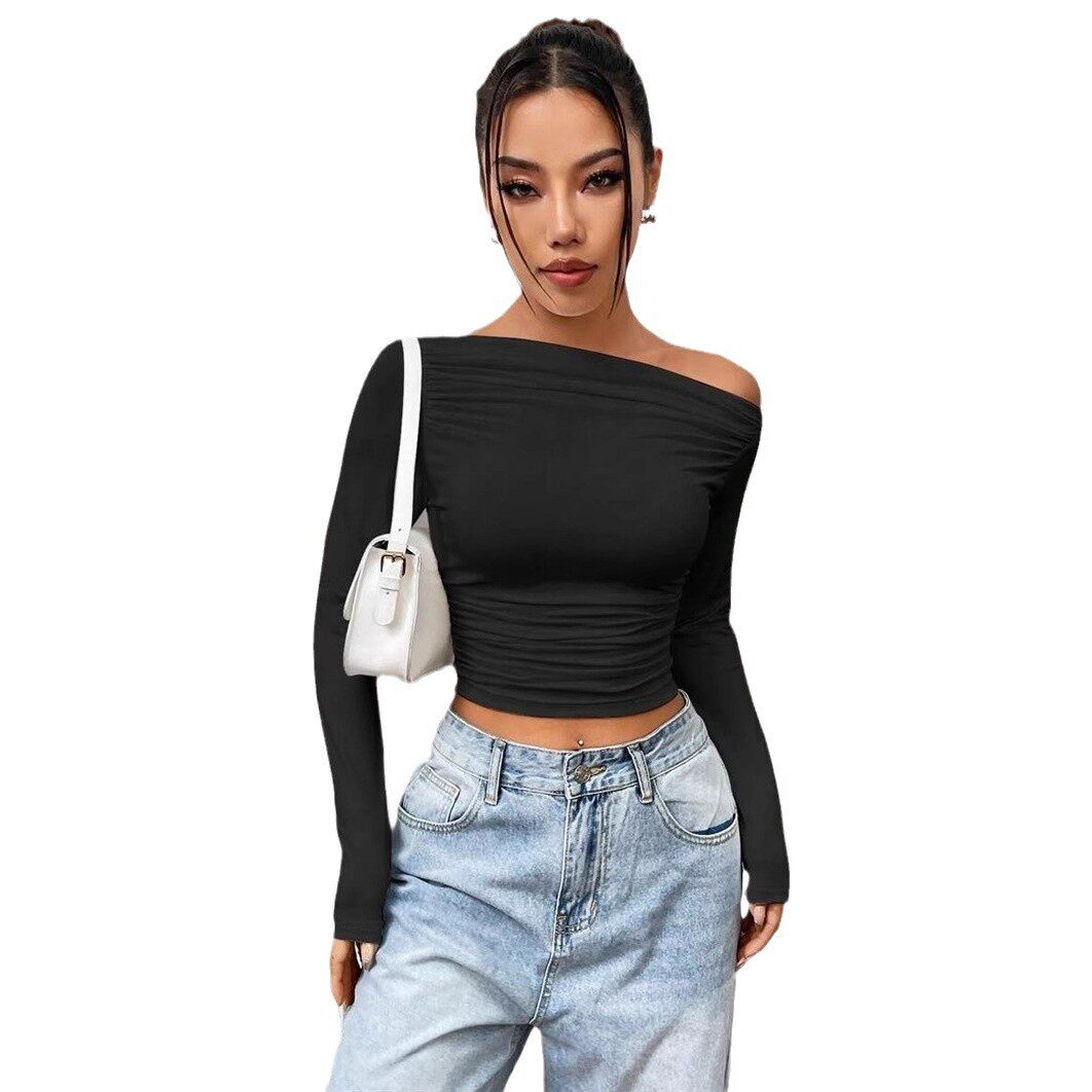 Slim Fit Asymmetrical Long Sleeve Womens T Shirt Versatile Design Pleated Detail Spring Summer Style Wholesale
