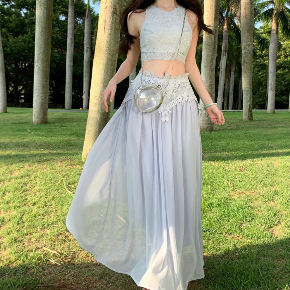 French Style Womens Two Piece Set Hollow Crochet Sleeveless Top High Waisted Patchwork Midi Skirt Summer Fashion