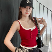 10125 # Summer New Pure Desire Fake Two-Piece Contrasting Color Camisole Slim All-In-One Versatile Top with Breast Pads