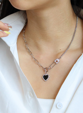 超酷！欧美ins风个性黑色爱心锆石夏季项链女百搭轻奢复古锁骨链