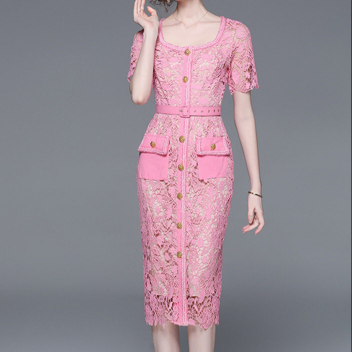 Lace Square Neck Dress Summer Lightweight Luxury Design Embroidered Hollow Out Elegant Occasion Wear Wholesale