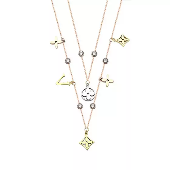Wholesale Popular V Letter Five Four-Leaf Flower Double-Layer Diamond Necklace Women's Export Style Four-Leaf Flower Necklace
